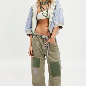 Free People Green Patchwork Moxie Pull On Barrel Jeans
